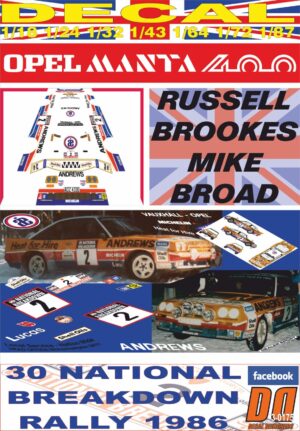 DECAL OPEL MANTA 400 "ANDREWS" R.BROOKES NATIONAL BREAKDOWN R.1986 4th (01)