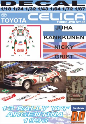 DECAL TOYOTA CELICA TURBO 4WD ST185 J.KANKKUNEN R.ARGENTINA 1993 WINNER (01)