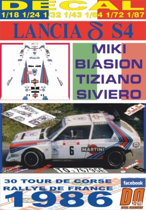 DECAL LANCIA DELTA S4 MIKI BIASION TOUR DE CORSE 1986 DnF (01)