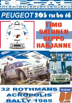 DECAL PEUGEOT 205 T16 E2 T.SALONEN ACROPOLIS R. 1985 WINNER (01)