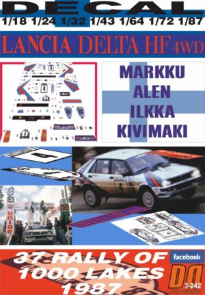 DECAL LANCIA DELTA HF 4WD MARKKU ALEN 1000 LAKES RALLY 1987 WINNER (01)