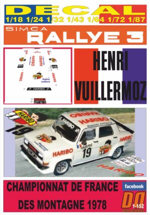 DECAL SIMCA RALLYE 3 H. VUILLLERMOZ CHAMPIONNAT FRANCE MONTAGNE 1978 (01)