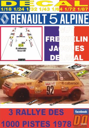 DECAL RENAULT 5 ALPINE G.FREQUELIN R.DES 1000 PISTES 1978 DnF