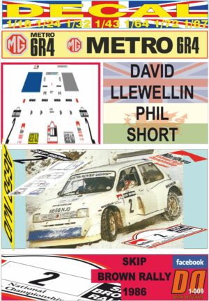 DECAL MG METRO 6R4 D. LLEWELLIN SKIP BROWN R. 1986 WINNER (01)