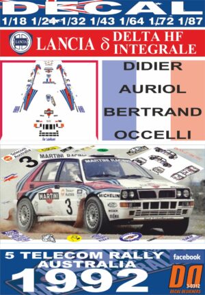 DECAL LANCIA DELTA HF INTEGRALE D.AURIOL R.AUSTRALIA 1992 WINNER (01)
