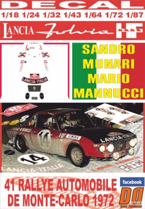 DECAL LANCIA FULVIA 1.6 COUPE HF S.MUNARI R.MONTECARLO 1972 WINNER (01)