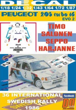 DECAL PEUGEOT 205 TURBO 16 E2 T.SALONEN SWEDISH R. 1986 DnF (01)