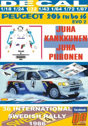DECAL PEUGEOT 205 TURBO 16 E2 J.KANKKUNEN SWEDISH R. 1986 WINNER (01)