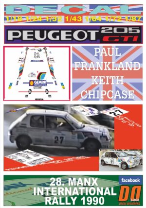 DECAL PEUGEOT 205 GTI P.FRANKLAND MANX INTER. R. 1990 10th (01)