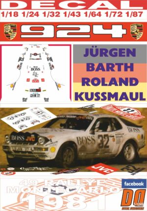 DECAL PORSCHE 924 CARRERA GTS J.BARTH R.MONTECARLO 1981 96th (01)