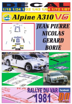 DECAL RENAULT ALPINE A310 V6 JEAN PIERRE NICOLAS R. DU VAR 1981 DnF
