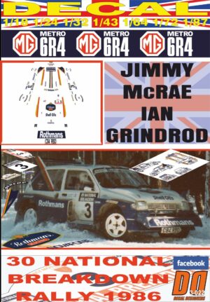 DECAL MG METRO 6R4 ROTHMANS J. MCRAE NATIONAL BREAKDOWN R. 1986 3rd (01)