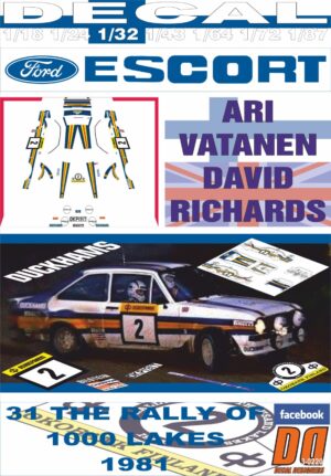 DECAL FORD ESCORT RS 1800 MKII A.VATANEN 1000 LAKES R. 1981 WINNER (01)
