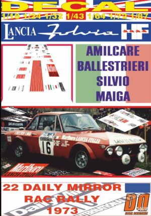 DECAL LANCIA FULVIA HF 1.6 COUPE HF AMILCARE BALLESTRIERI RAC 1973 DnF (01)
