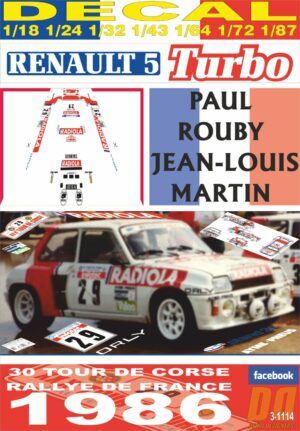 DECAL RENAULT 5 TURBO P.ROUBY TOUR DE CORSE 1986 6th (01)