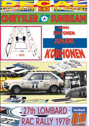 DECAL CHRYSLER SUNBEAM HENRI TOIVONEN LOMBARD RAC RALLY 1978 9th