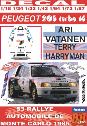DECAL PEUGEOT 205 TURBO 16 A.VATANEN R.MONTECARLO 1985 WINNER