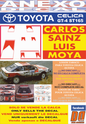 ANEXO DECAL 1/43 TOYOTA CELICA GT4 CARLOS SAINZ RAC RALLY 1989