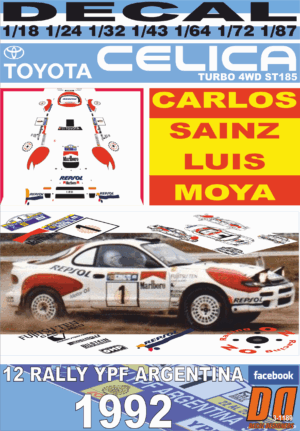 DECAL TOYOTA CELICA TURBO 4WD ST185 C.SAINZ R.ARGENTINA 1992 2nd