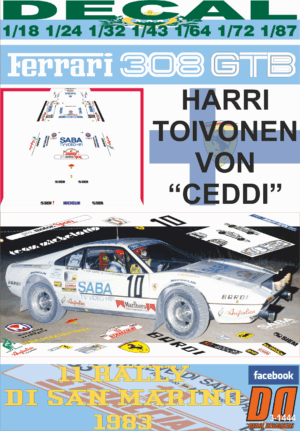 DECAL FERRARI 308 GTB HARRI TOIVONEN RALLY DI SAN MARINO 1983 DnF