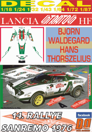 DECAL LANCIA STRATOS HF B. WALDEGARD R. SANREMO 1976 WINNER