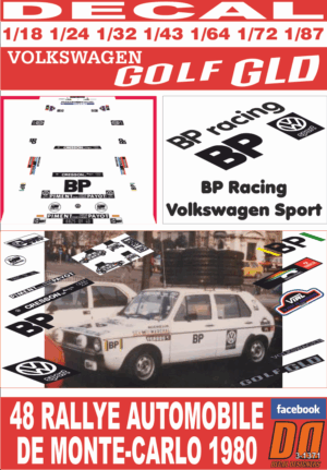 DECAL VOLKSWAGEN GOLF I GLD BP RACING VOLKSWAGEN SPORT  R.MONTECARLO 1980