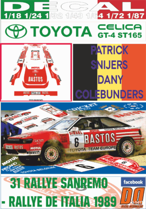 DECAL TOYOTA CELICA GT-4 ST 165 P.SNIJERS R.SANREMO 1989 6th
