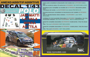 ANEXO DECAL 1/43 VOLKSWAGEN POLO R WRC J-M.LATVALA R.ARGENTINA 2015 DnF