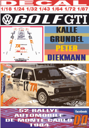 DECAL VOLKSWAGEN GOLF GTI K.GRUNDEL R.MONTECARLO 1984 9th