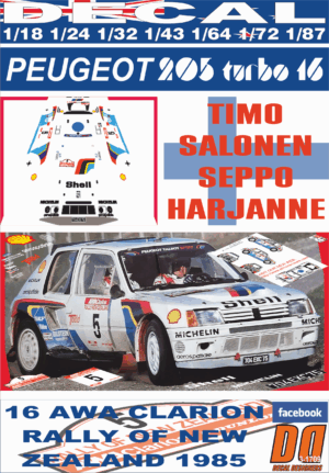 DECAL PEUGEOT 205 TURBO 16 T. SALONEN R. OF NEW ZEALAND 1985  WINNER