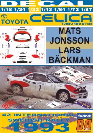 DECAL TOYOTA CELICA TURBO 4WD ST 185 M. JONSSON SWEDISH R. 1993 WINNER