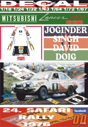 DECAL MITSUBISHI LANCER 1600 GSR J. SINGH SAFARI R. 1976 WINNER