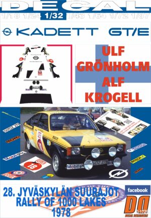 DECAL OPEL KADETT GT/E U. GRONHOLM R. OF THE 1000 LAKES 1978 DnF