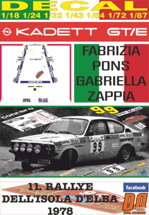 DECAL OPEL KADETT GT/E F. PONS R. DELL´ISOLA D´ELBA 1978 30th