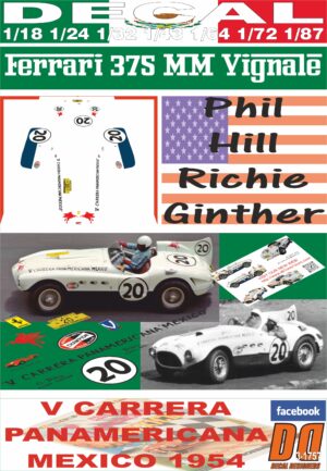 DECAL FERRARI 375 MM P. HILL R. GINTHER PANAMERICANA 1954 2nd