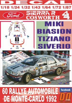 DECAL FORD SIERRA RS COSWORTH 4x4 M. BIASION R. MONTECARLO 1992 8th