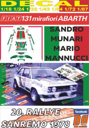 DECAL FIAT 131 ABARTH S. MUNARI R. SANREMO 1978 DnF